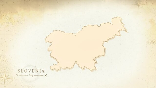 Map of Slovenia in the old style, brown graphics in retro fantasy style, perfect for intro or video presentation. High quality 4K video.