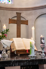 Festive interior decoration with burning candles in temple Church Christianity The ceremony of...