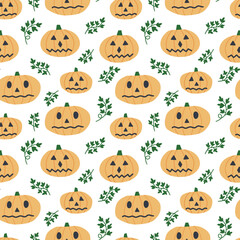 Hand drawn pumpkins head monsters seamless patterm. Halloween pumpkins pattern in cartoon style