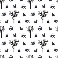Vector black cats seamless pattern. Hand drawn cats and trees silhouette pattern