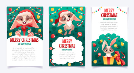 Set of Merry Christmas and New Year card with cartoon bunny in Santa Claus hat, gift box, candies, garlands. Vector cartoon illustration with space for text for flyer design, postcard 
