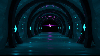 The concept of an alien perspective Corridor with  blue neon lights abstract dark background.3d rendering
