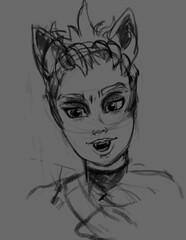 A cute cat girl with a beautiful hairstyle looks with her big eyes as if she is catching someone playfully and smiles with a beautiful sly smile