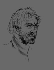 Portrait of a respectable old man aged with a beautiful haircut and stubble beard looks sadly into the distance dressed in a wide jacket with a large collar