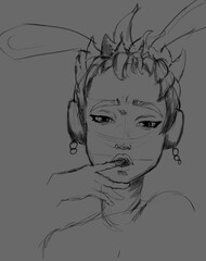 A girl with a calm beautiful languid face and covered eyes with rabbit ears on her head gently licks her finger after a delicious dish