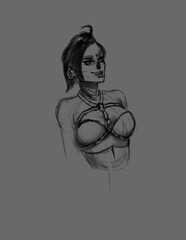 A semi-skeleton girl with a beautiful hairstyle in an attractively beautiful corset with straps tight around her chest stands and smiles