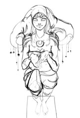 A girl statue of the goddess of rain in a beautiful hood stands in the rain and gradually comes to life pieces of stone fall from her as soon as drops of water fall on her body and the magic on her ch