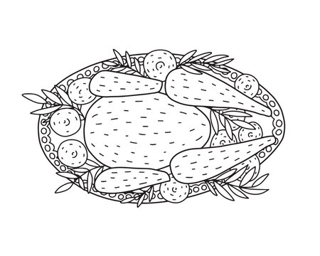 Top view turkey dish vector illustration. Hand drawn turkey meal coloring page