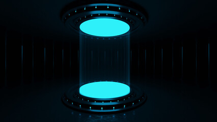 Dark background, capsule design, dimensional portal, beautiful onon blue, 3D rendering. - obrazy, fototapety, plakaty