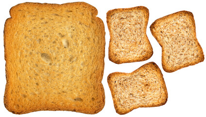 Close-up of four rusks isolated on transparent background, photography, top view, png.