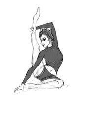 A sporty beautiful girl with an interesting hairstyle in a latex thermal suit does yoga in a good mood raises her straight leg above her head and looks boldly if you can repeat