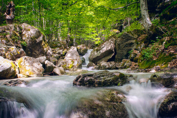 Naklejka na ściany i meble Path to Raiskoto praskalo waterfall and Botev peak in Balkan mountain, Bulgaria