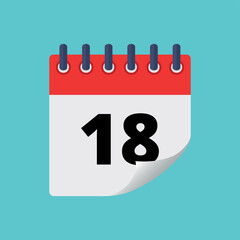 Vector illustration of specific day calendar with bent tip effect isolated on blue background marking day 18.