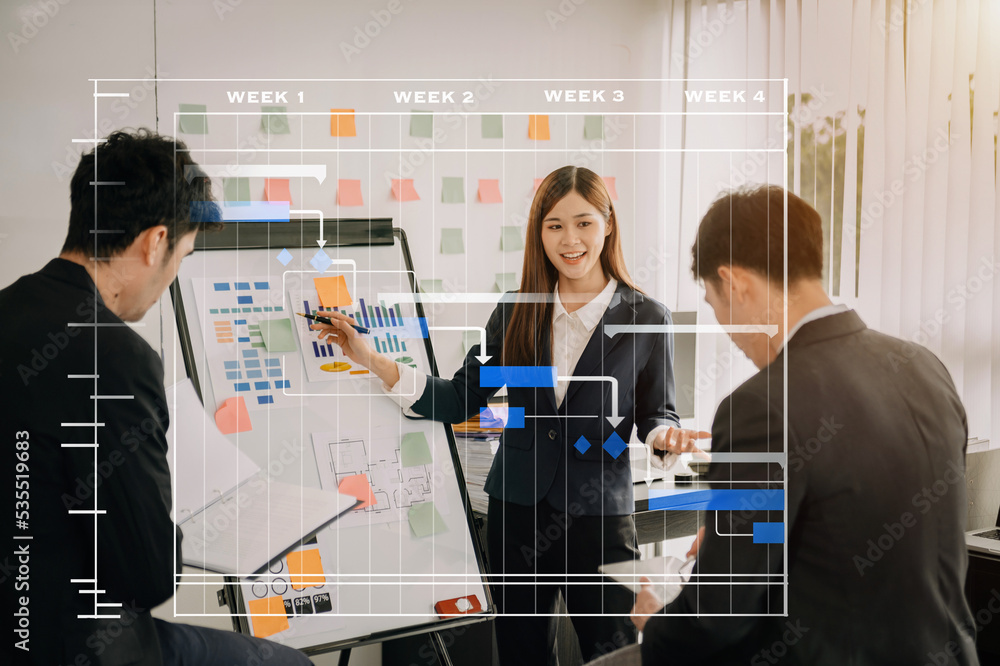 Poster project manager working and update tasks with milestones progress planning and gantt chart schedulin