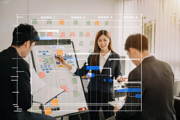 Project manager working and update tasks with milestones progress planning and Gantt chart scheduling diagram. business working with smart phone, tablet and laptop in office..