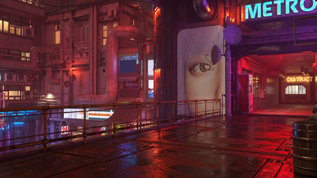 Dark moody dystopian future cyberpunk city urban landscape at night after rain. 3D rendering.