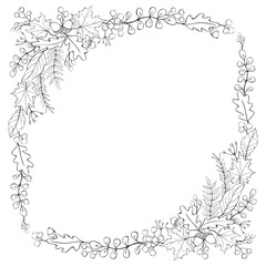Vector corner elements of outline acorns, leaves, berries in doodle style. Square frame, border, template. Theme of happy fall, forest, thanksgiving
