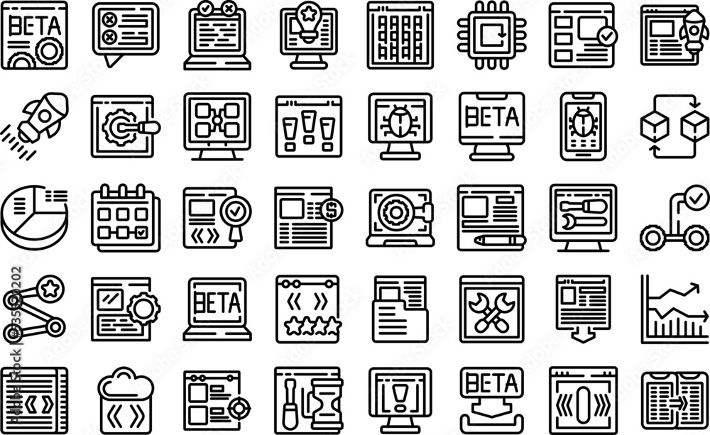 Poster beta version icons set outline vector. build bug. code app