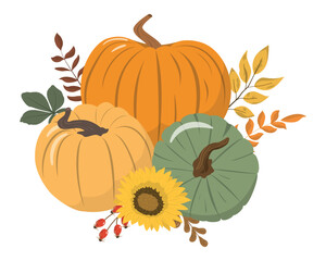 Cartoon harvest or Thanksgiving pumpkins, flowers and forest leaves arrangement Isolated on white background. Seasonal harvest design for greeting or poster.