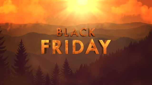 Black Friday text on sunset landscape with sun and forest, motion abstract business, promo and holidays style background