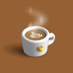 3D Rendered Coffee Cup with Latte Art and Cute Heart Design