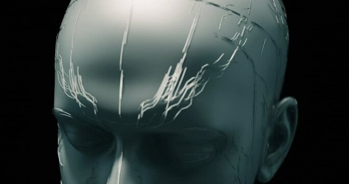 Advanced artificial intelligence robot processing cloud data. Eyes closed. Futuristic technology related 3d animation.