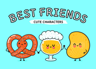 Cute, funny happy glass of beer, pretzel and chips. Vector hand drawn cartoon kawaii characters, illustration icon. Funny happy cartoon glass of beer, pretzel and chips mascot friends