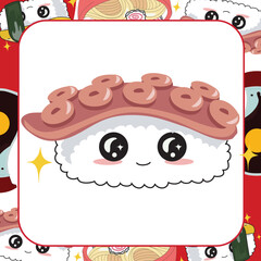 Cute Sushi Flashcard for Children. Ready to print. Printable game card. Traditional Japanese food promotion. Vector illustration.