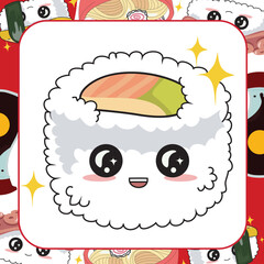 Cute Sushi Flashcard for Children. Ready to print. Printable game card. Traditional Japanese food promotion. Vector illustration.
