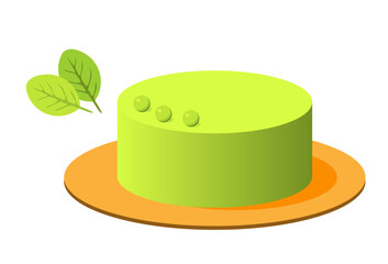 Simple color vector illustration. Round green cake on a plate. Spinach leaves. Dessert, sweet pastry, healthy food.