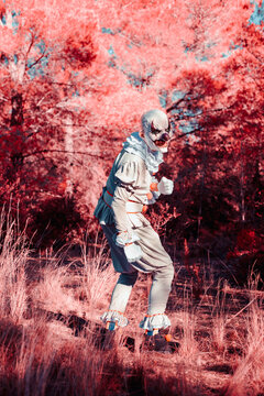 infrared image of an evil clown in the woods