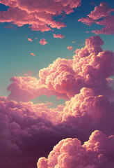 Illustration of an anime sunset sky with big pink thick fluffy clouds
