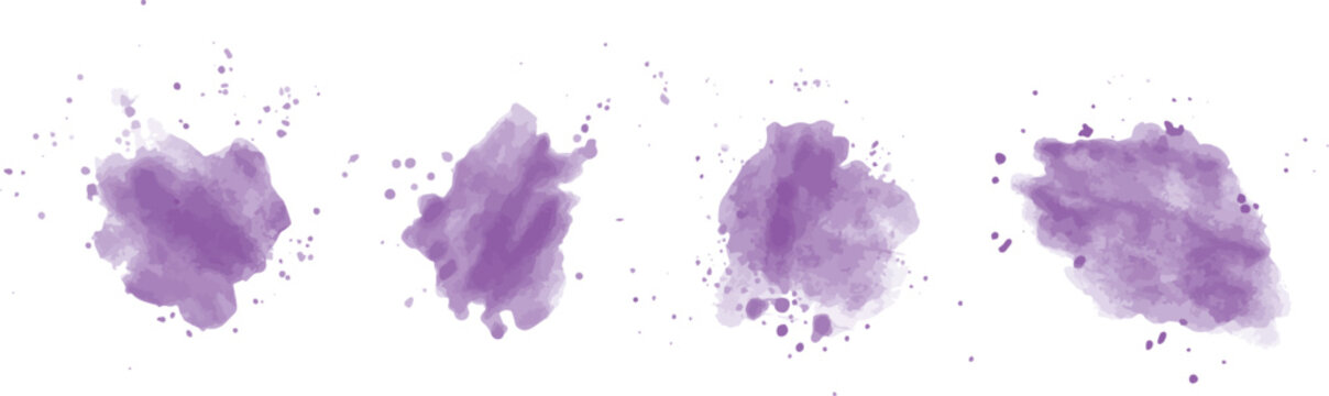 Set of abstract purple watercolor water splash on a white background. Vector watercolour texture in blue color. Ink paint brush stain. Purple soft light blot. Watercolor violet splash