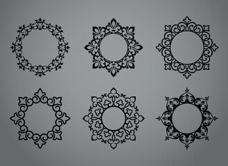 Set of decorative frames Elegant vector element for design in Eastern style, place for text. Floral black and gray borders. Lace illustration for invitations and greeting cards