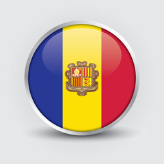 Andorra round flag design is used as badge, button, icon with reflection of shadow. Icon country. Realistic vector illustration.