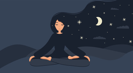 Girl in yoga lotus practices meditation at night outdoor. Nature background with moon. Banner, card or landing page template. Vector illustration in flat style. Young woman meditating
