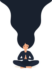 Girl in yoga lotus practices meditation. Vector illustration in flat style. Template for banner, postcard or poster. Young woman meditating.