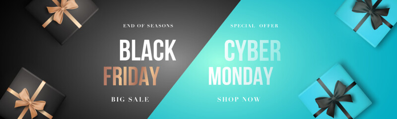Design template for big November Sale. Black Friday and Cyber Monday long horizontal banner. Realistic gift boxes lying on a background divided into black and turquoise.