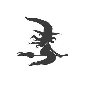 Icon of flying witch on a magic broom with high hat. Halloween concept. Vector illustration