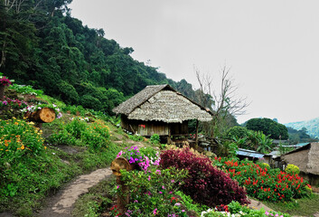 Fototapeta na wymiar A small rural house made of wood in Thailand.