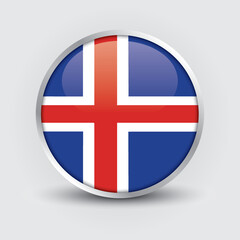 Obraz premium Iceland round flag design is used as badge, button, icon with reflection of shadow. Icon country. Realistic vector illustration.