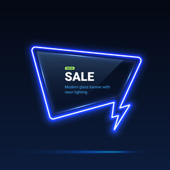 Sale vector template with neon lights. Dialog bubble with thunder flash sign. Vector