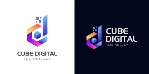 initial letter D cube digital tech logo design for Business corporate letter D logo design. geometric colorful D logo with hexagon technology logo symbol - obrazy, fototapety, plakaty