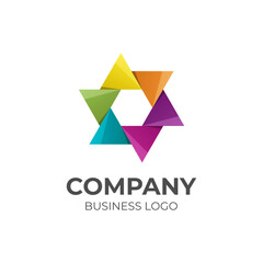 Obraz premium hexagon media play vector Logo design, Abstract media triangle hexagon logotype with play arrows around symbol