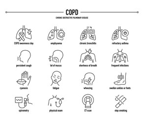 COPD, Chronic obstructive pulmonary disease vector icon set. Line editable medical icons. - 535525408