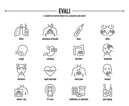 EVALI, e-cigarette or vaping product use-associated lung injury vector icon set. Line editable medical icons.