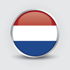 Netherlands round flag design is used as badge, button, icon with reflection of shadow. Icon country. Realistic vector illustration.