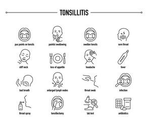 Tonsillitis vector icon set. Line editable medical icons.