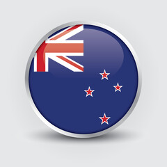 New Zealand round flag design is used as badge, button, icon with reflection of shadow. Icon country. Realistic vector illustration.