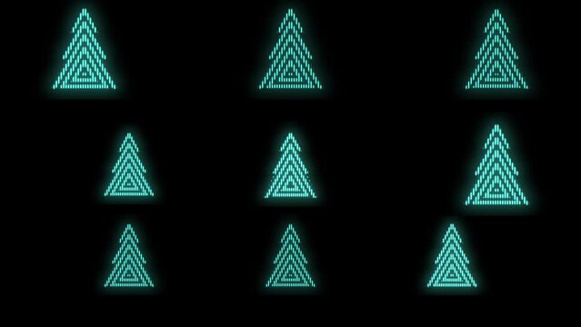 Pulsing neon green Christmas trees pattern in rows, motion abstract disco, party and winter holidays style background